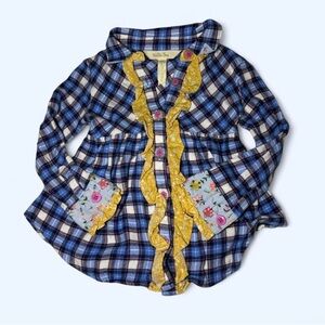 Matilda Jane Blue Plaid Tunic with Yellow Ruffle and Floral Pockets